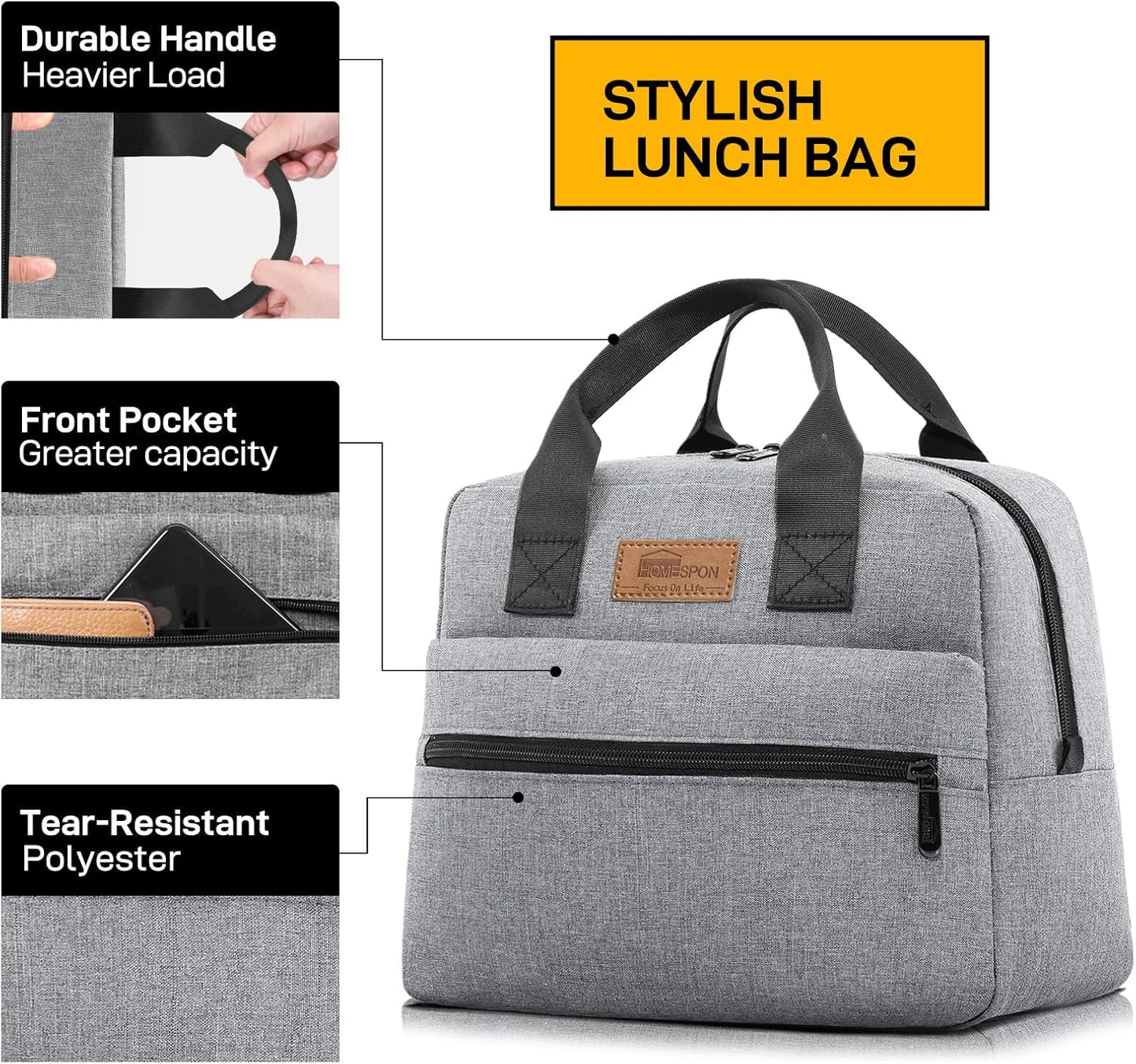 HOMESPON Insulated Lunch Bag for Women Men Lunch Box Cooler Lunch Tote for Work Picnic (Grey)
