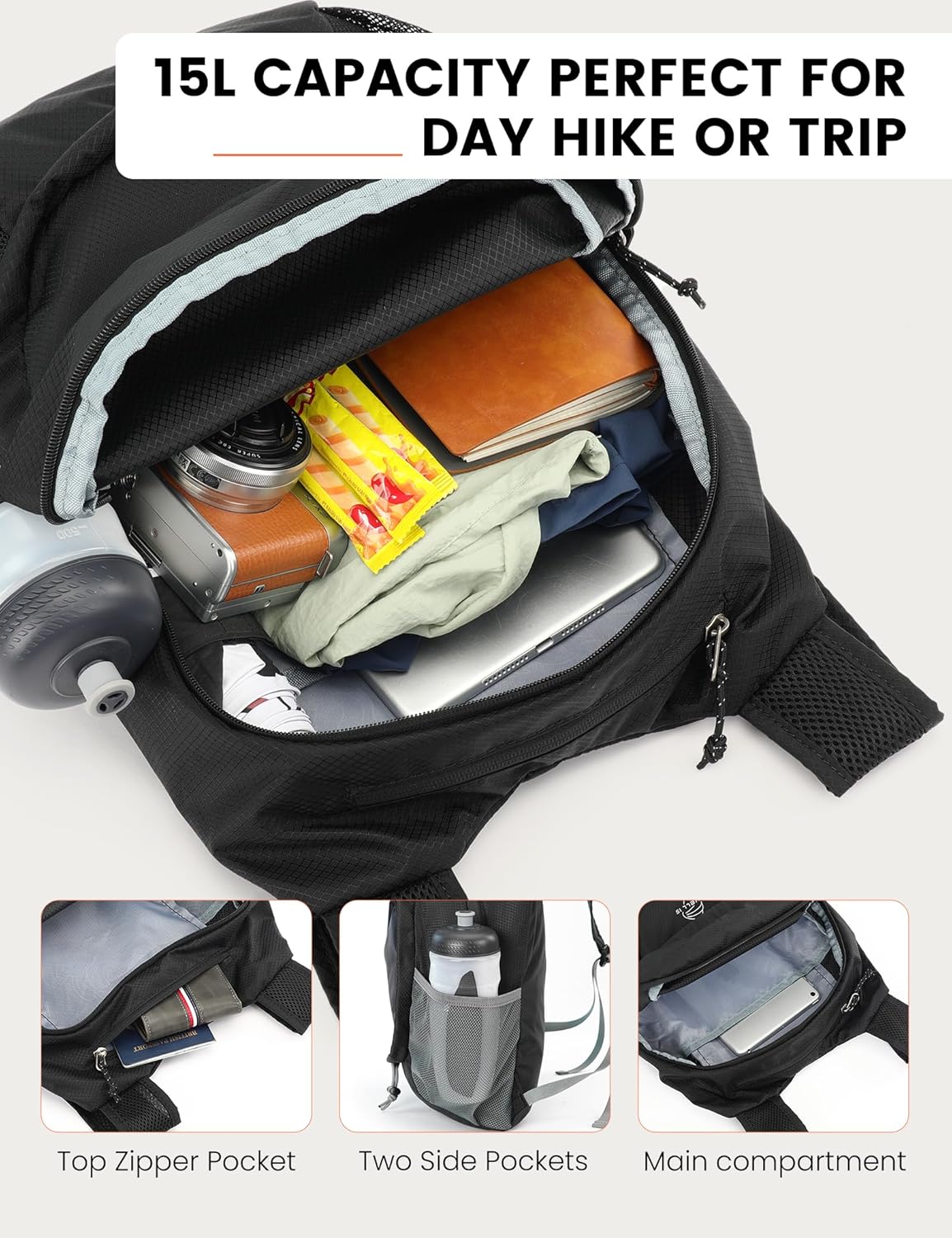 SKYSPER 15L Lightweight Small Hiking Backpack for Women Men, Foldable Travel Daypack, Packable Camping Backpack, Mini Outdoor Hiking Bag (Black)
