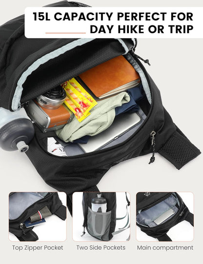 SKYSPER 15L Lightweight Small Hiking Backpack for Women Men, Foldable Travel Daypack, Packable Camping Backpack, Mini Outdoor Hiking Bag (Black)