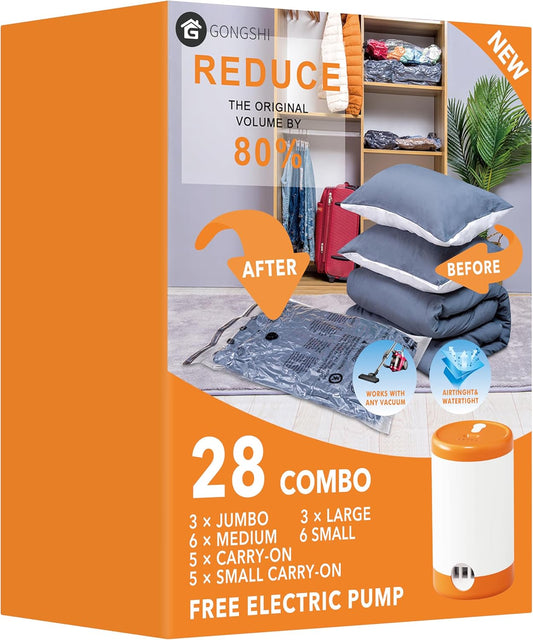 28 Pack Vacuum Storage Bags with Electric Pump, Plastic Packaging Bags,Space Saver Bag for Clothes, Mattress, Blanket, Duvets, Pillows, Comforters, Travel