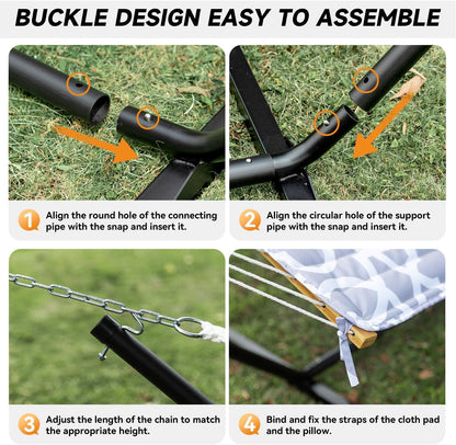 2 Person Outdoor Hammock with Stand, Cotton Rope Hammock with Polyester Pad, Adjustable Steel Frame, Portable with Carrying Bag – for Patio, Backyard, Garden, Beach, Cloud-Gray