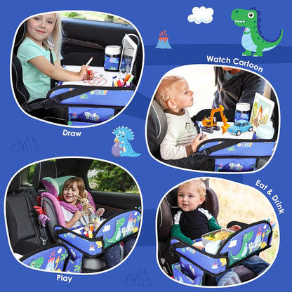 Kids Travel Tray for Airplane - Toddler Car Seat Table Tray, Road Trip Essentials for Boys & Girls, Carseat Lap Desk for Kids Road Trip Activities,Blue Dinosaur