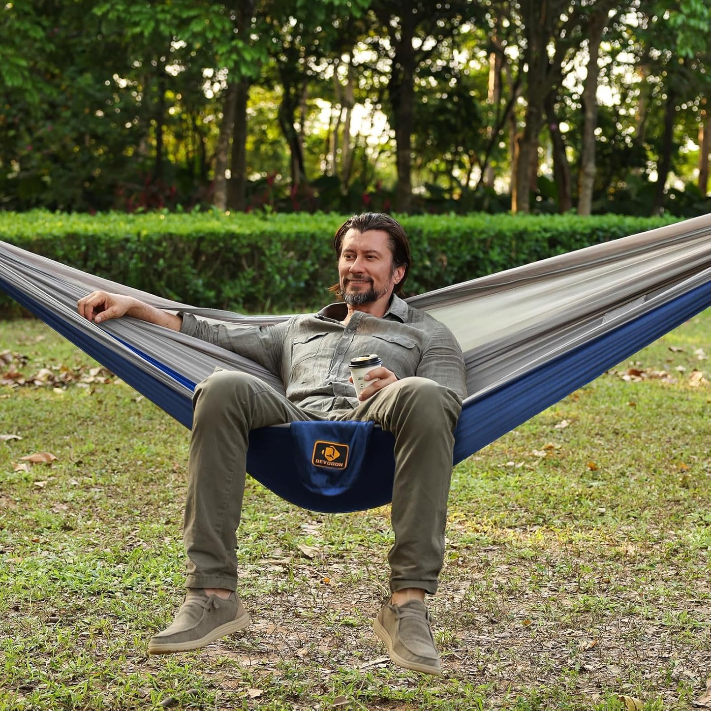 Camping Hammock, Portable Hammocks with Mosquito Net,Lightweight Nylon Parachute Hammock with 10ft Tree Straps,Camping Gear Must Haves for Travel Hiking Backpacking Beach Patio-Blue&Grey