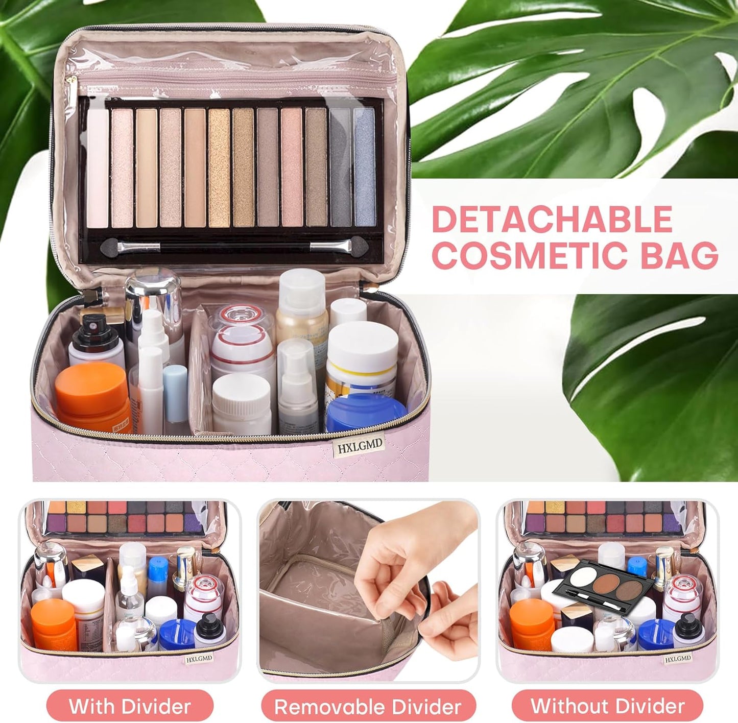 Double Layer Travel Makeup Bag Women, Cosmetic Organizer Case, Travel Essentials Accessories with Shoulder Strap for Bottles, Brushes, Conditioner, Skin Care Products, Pink