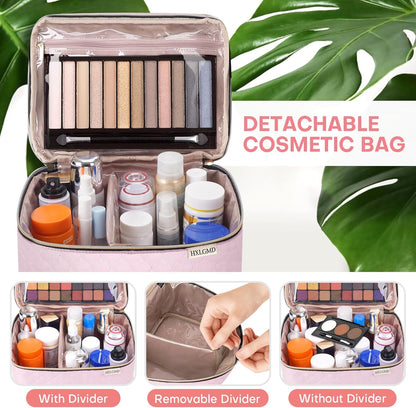 Double Layer Travel Makeup Bag Women, Cosmetic Organizer Case, Travel Essentials Accessories with Shoulder Strap for Bottles, Brushes, Conditioner, Skin Care Products, Pink