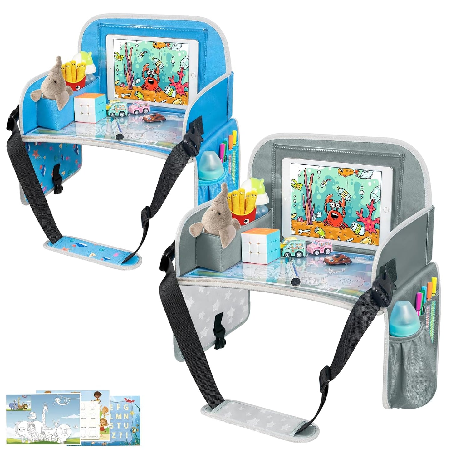 MENZOKE Kids Travel Tray for Boys or Girls, Travel Tray for Kids Car Seat with Tablet Holder, Dry Erase Board & Cooler Cup Holder, Road Trip Essentials Accessories for Car Trip, Airplane (2 Pack)