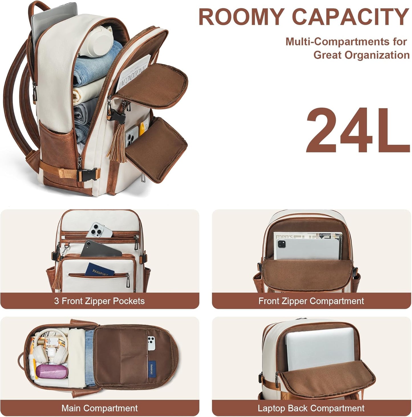 Shrrie Laptop Backpack for Women,Vegan Leather Backpack Work Computer Backpacks fits 16" Laptop,Water Resistant Teacher Nurse Casual Daypack for Weekender Camping Travel,Beige with Brown