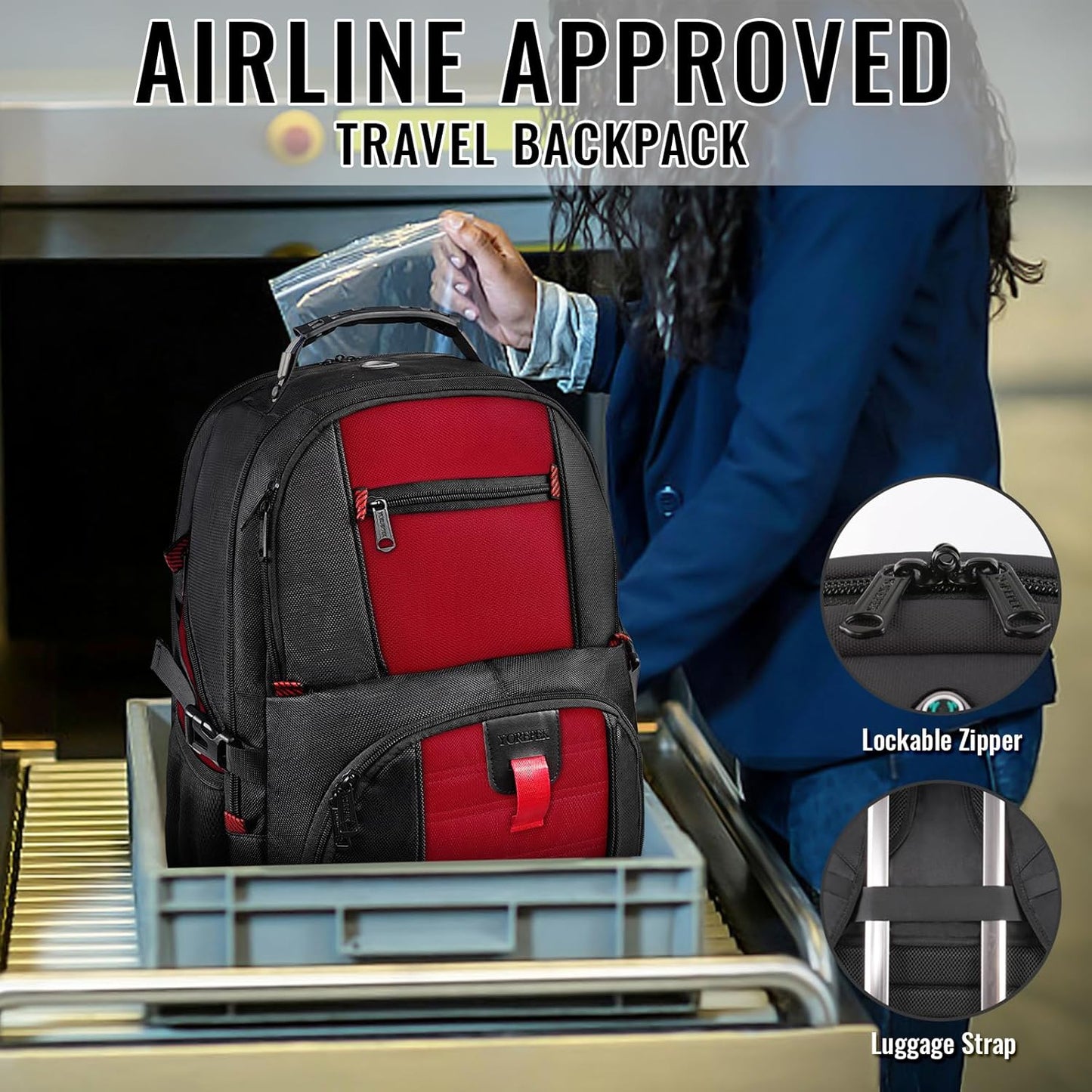 YOREPEK Travel Backpack, Extra Large 50L Laptop Backpacks for Men Women, Water Resistant College Backpack Airline Approved Business Work Bag with USB Charging Port Fits 17 Inch Computer, Bright Red