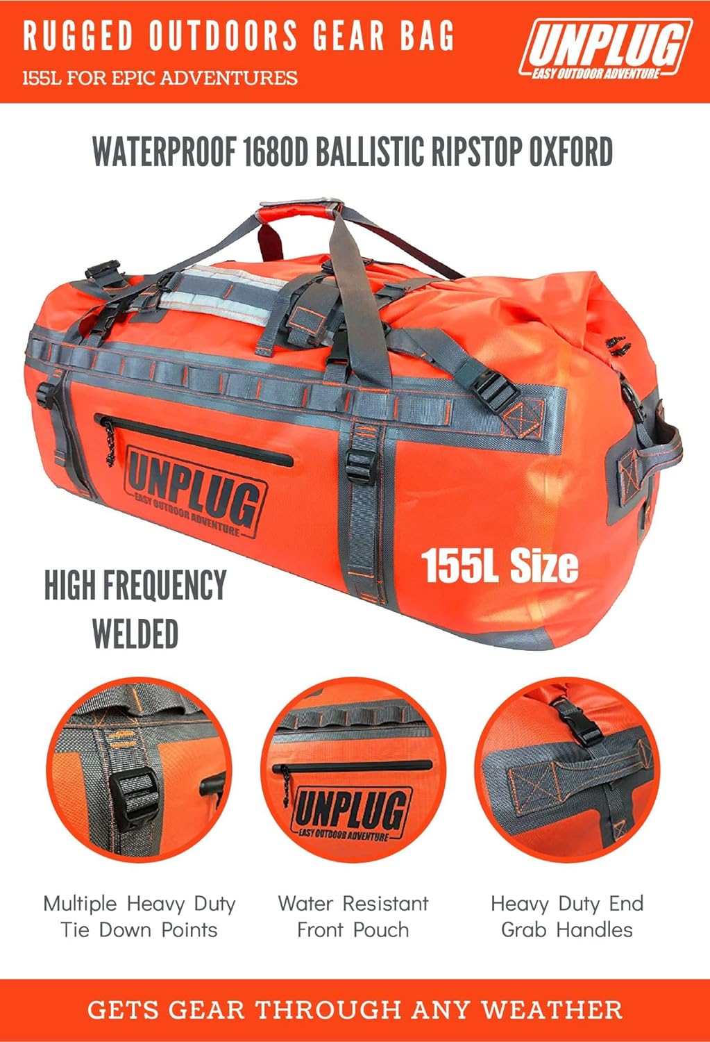 UNPLUG Ultimate Adventure Bag | 1680D Heavy Duty Waterproof Bag | Large Travel Duffle Bag which can be Used for Camping, Motorcycling, Boating, or Hunting (65L Adventure Orange)
