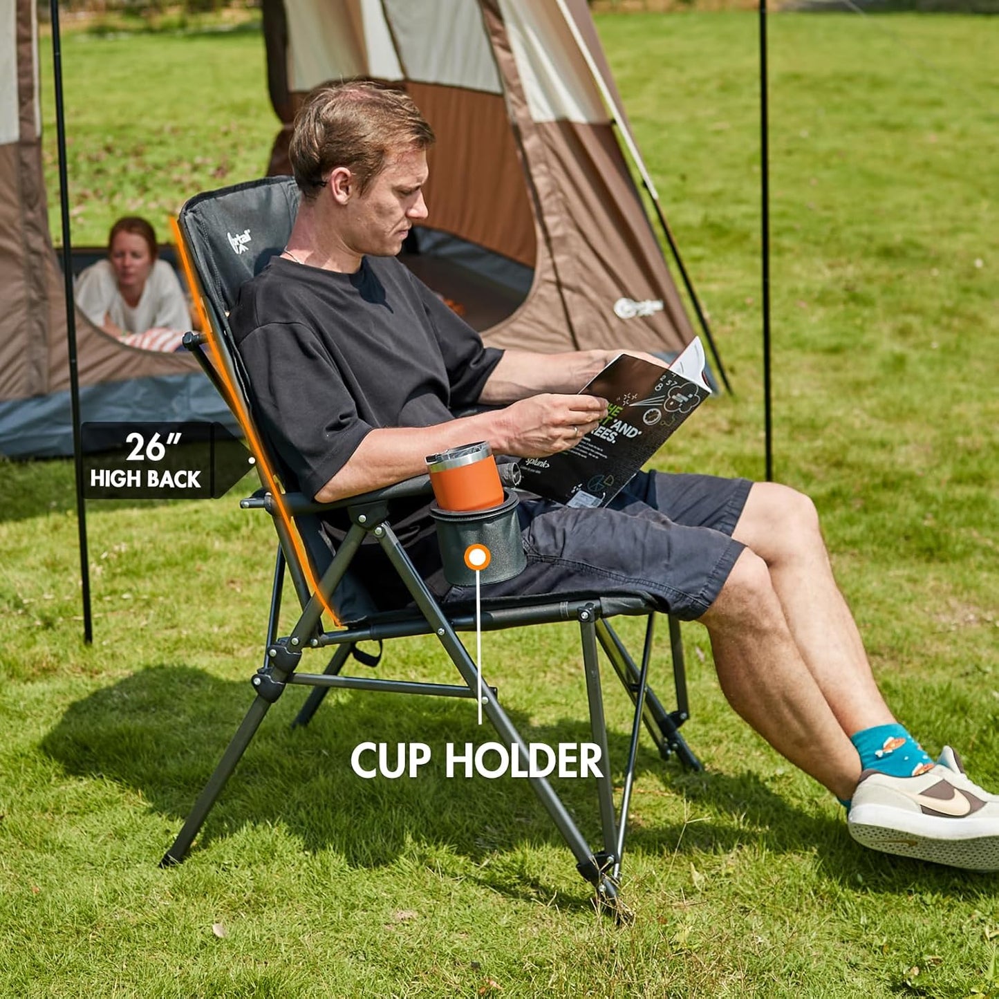 PORTAL Oversized Folding Camping Chair High Back Portable Lawn Chairs for Adults Outdoor Sports with Hard Armrest Cup Holder，Supports 400LBS Black