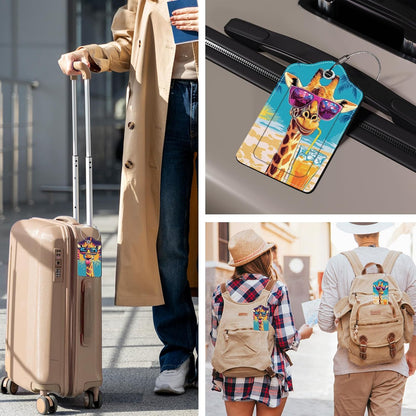 2 Pack Colorful Giraffe Luggage Tags for Suitcase, Leather Luggage Tags Cute, Privacy Cover ID Label with Stainless Steel Loop & Address Card, Giraffe Travel Bag Tag Luggages Accessories for Suitcases