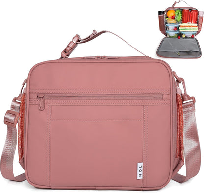 NOL Kids Lunch Bag for School, Reusable Insulated Lunch Box & Children's Tote Bag with Zipper Closure, Buckle Handle, Adjustable Long Shoulder Strap, Easy-Clean Waterproof Fabric Lunchbox - Dark Pink