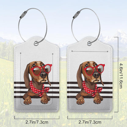 2 Pack Leather Luggage Tag for Suitcase Cool Dachshund Cute Animal Unique Travel Tags with Privacy Cover ID Label & Stainless Steel Loop for Men and Women Baggage