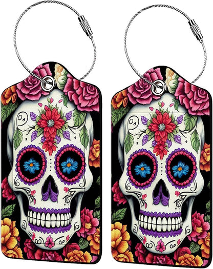 Skull Flower Diamond Art Luggage Tags for Suitcases,2 Pack Luggage Tag, Leather Stainless Steel Loop Label Tag for Women Girl Travel Bag Suitcase