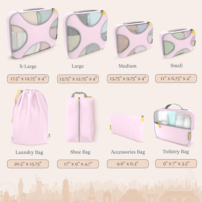 Shacke Premium 8 Packing Cubes Set - Lightweight Mesh Travel Luggage Organizers with Laundry Bag, 8-Piece Suitcase Storage System (Petal Pink)