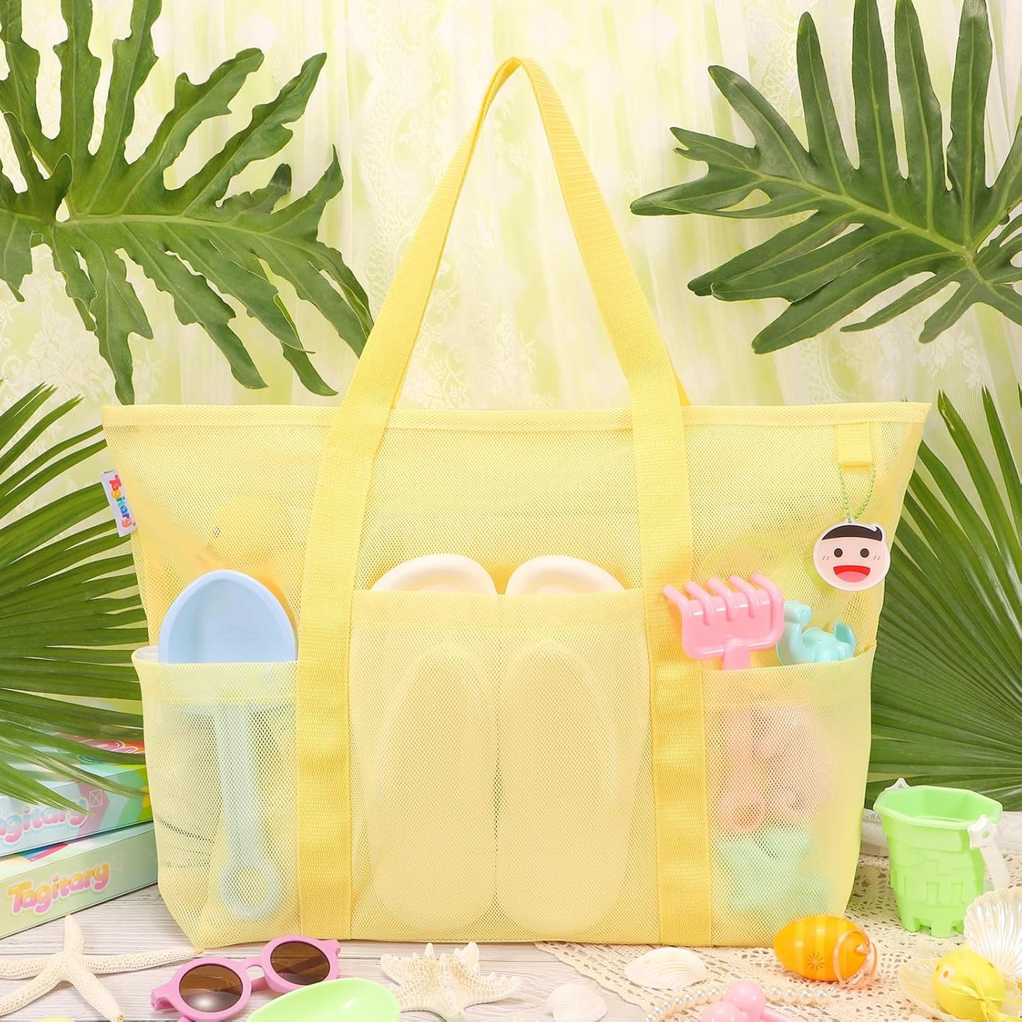 Tagitary Mesh Beach Bag with Zipper Large Beach Tote Waterproof Sandproof with 8 Pockets for Toys Pool Bag Beach Accessories