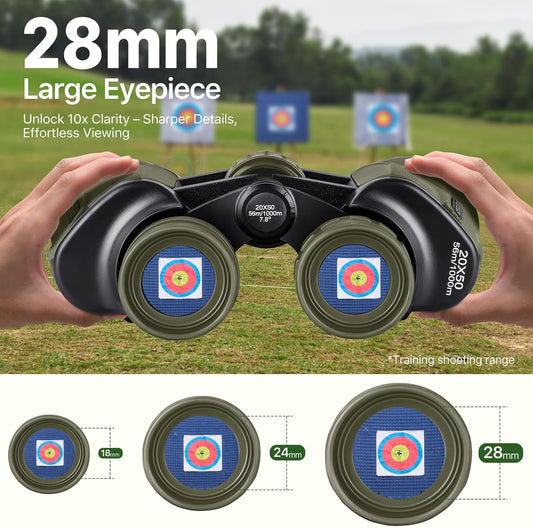 20x50 Hunting Binoculars for Adults High Powered with Low Light Night Vision - 28mm Large Eyepiece Professional Binoculars for Bird Watching Hiking Travel with BAK4 Prism FMC Lens, Green