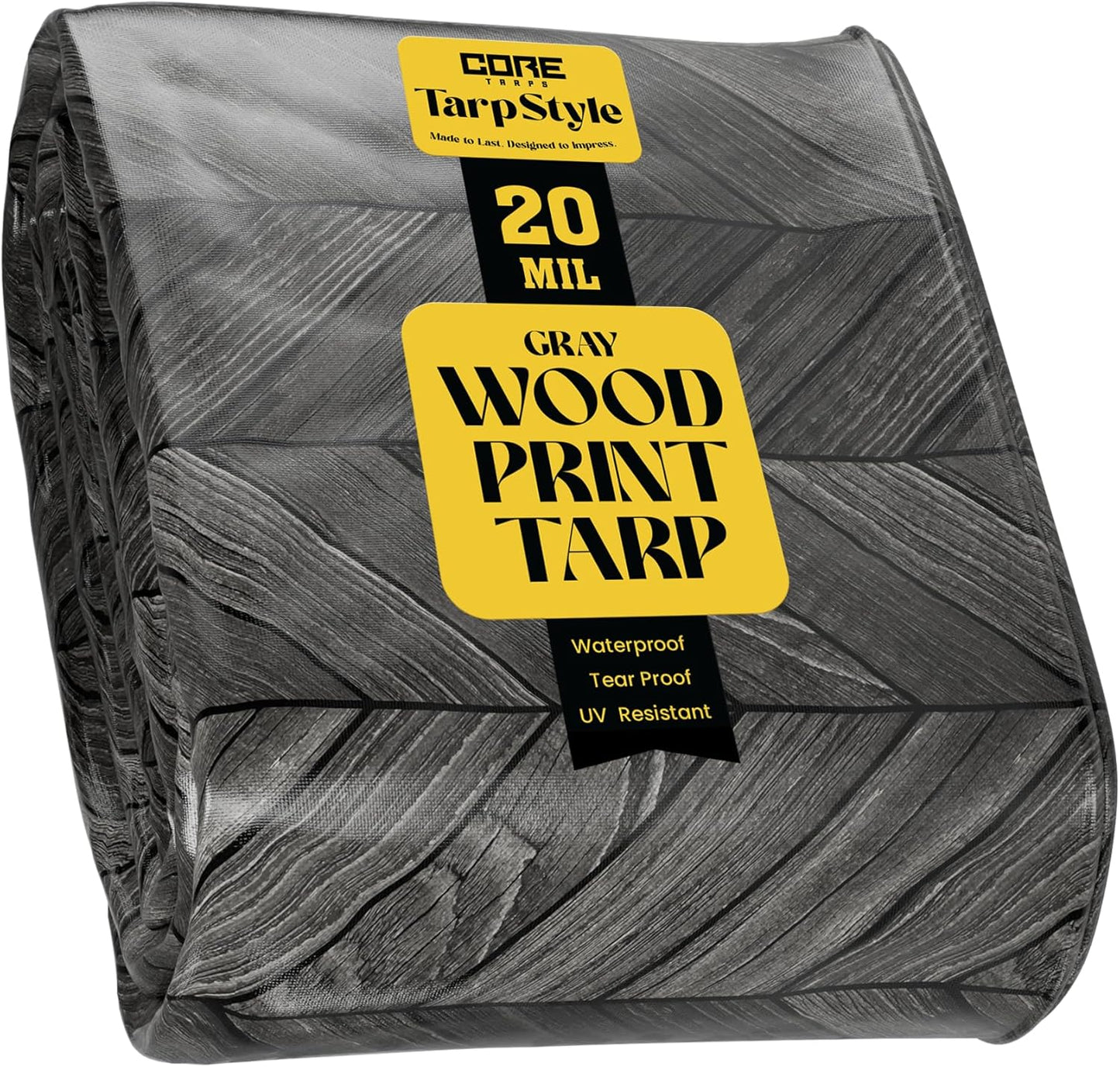 Core Tarps Extreme Heavy Duty 20 Mil Tarp Cover, Waterproof, UV Resistant, Rip and Tear Proof, Poly Tarpaulin with Reinforced Edges for Roof, Camping, Patio, Pool, Boat (Grey Wood/Black 12′ X 20′)