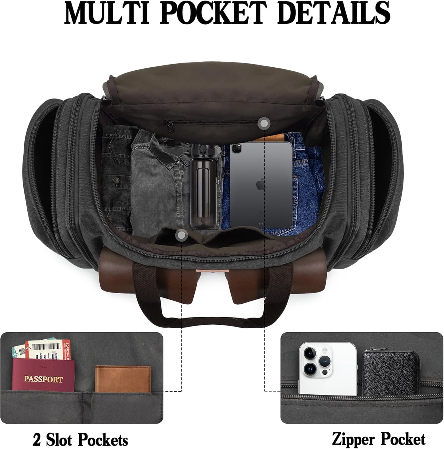 Canvas Duffle Bag for Men 50L Travel Duffel Bags Expandable Genuine Leather Overnight Weekender Carry On Bag Two Zipper Pockets Travel Bag (Black, Large-50L)