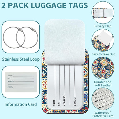 2 Pack Cute Luggage Tag for Suitcases Portuguese Tiles Leather Luggage Tags with Stainless Steel Loop Privacy Flap Name Tags,Men and Women Travel Bag Suitcase Tags