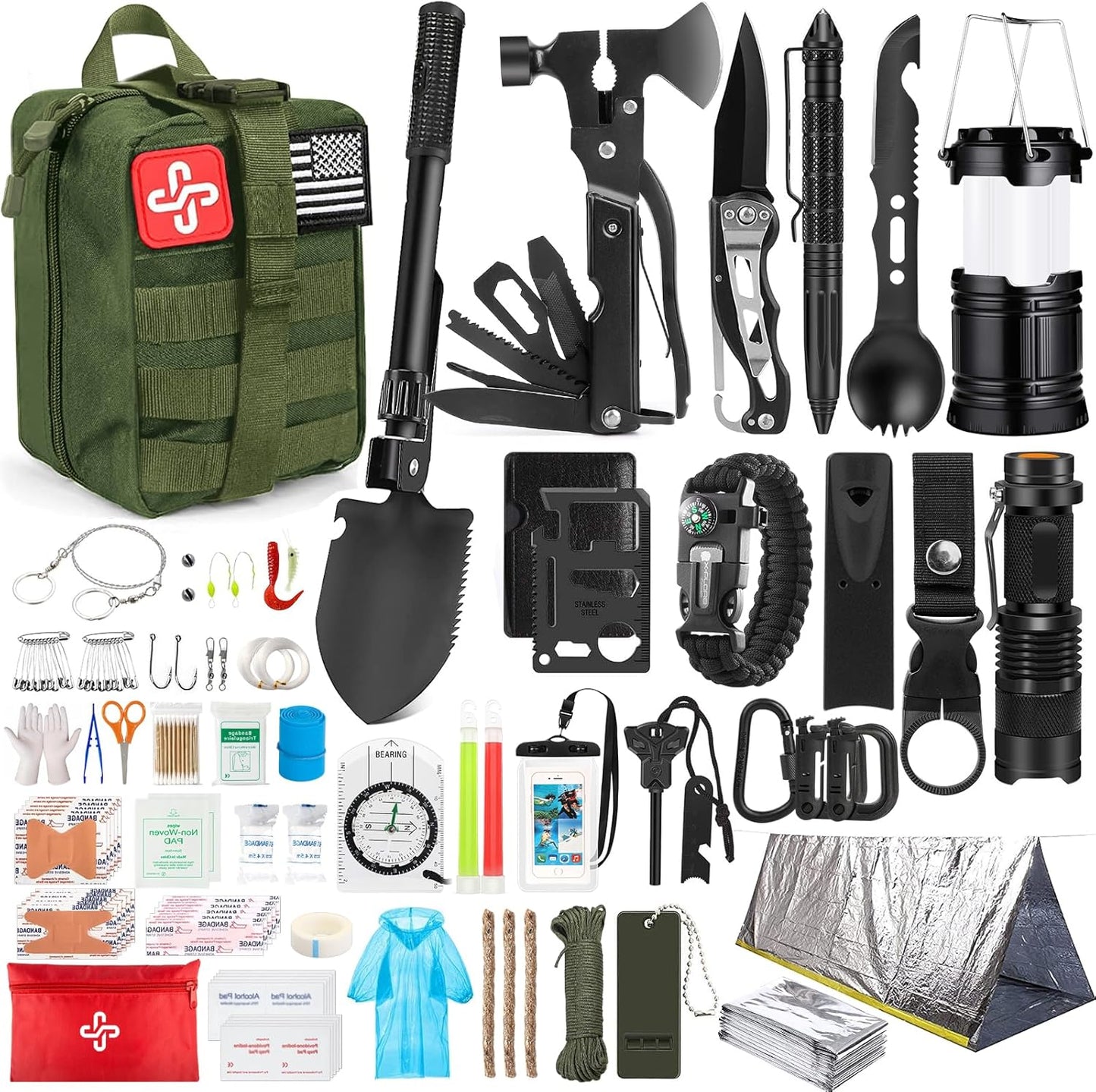Survival Kit, 250Pcs Survival Gear First Aid Kit with Molle System Compatible Bag and Emergency Tent, Emergency Kit for Earthquake, Outdoor Adventure, Hiking, Hunting, Gifts for Men Women