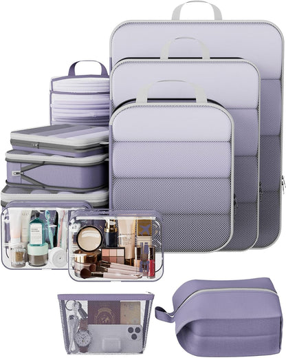 Veken 11 Set Compression Packing Cubes for Travel Essentials,Compressible Expandable Large Luggage Suitcase Organizer Bags for Clothing,Durable Space Saver Storage Bags with Toiletry Bags(Purple Gray)