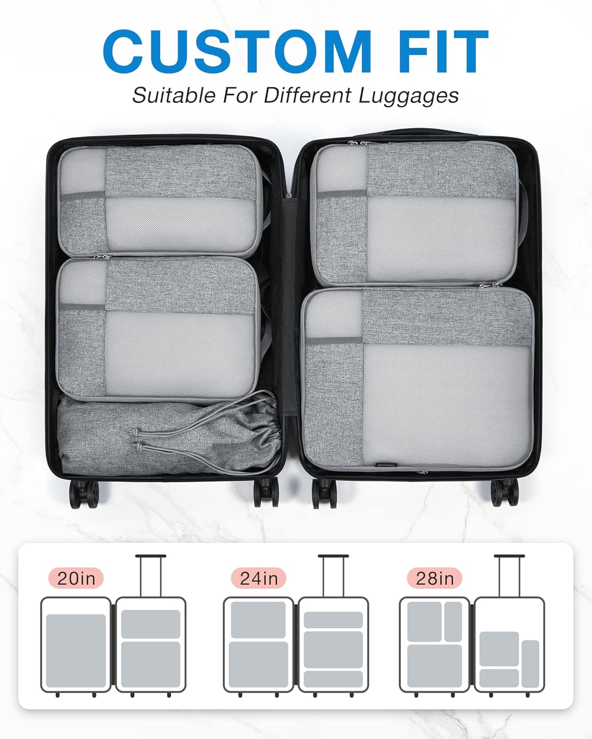 BAGSMART Compression Packing Cubes for Travel, 6 Set Travel Packing Cubes for Carry on Suitcases, Compression Travel Cubes & Suitcase Organizer for Packing with Shoe Bag Grey