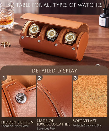 Homde Travel Watch Box Leather: Traveling Case for Men - Luxury Watch Roll for Wristwatch on the Go (brown, L)