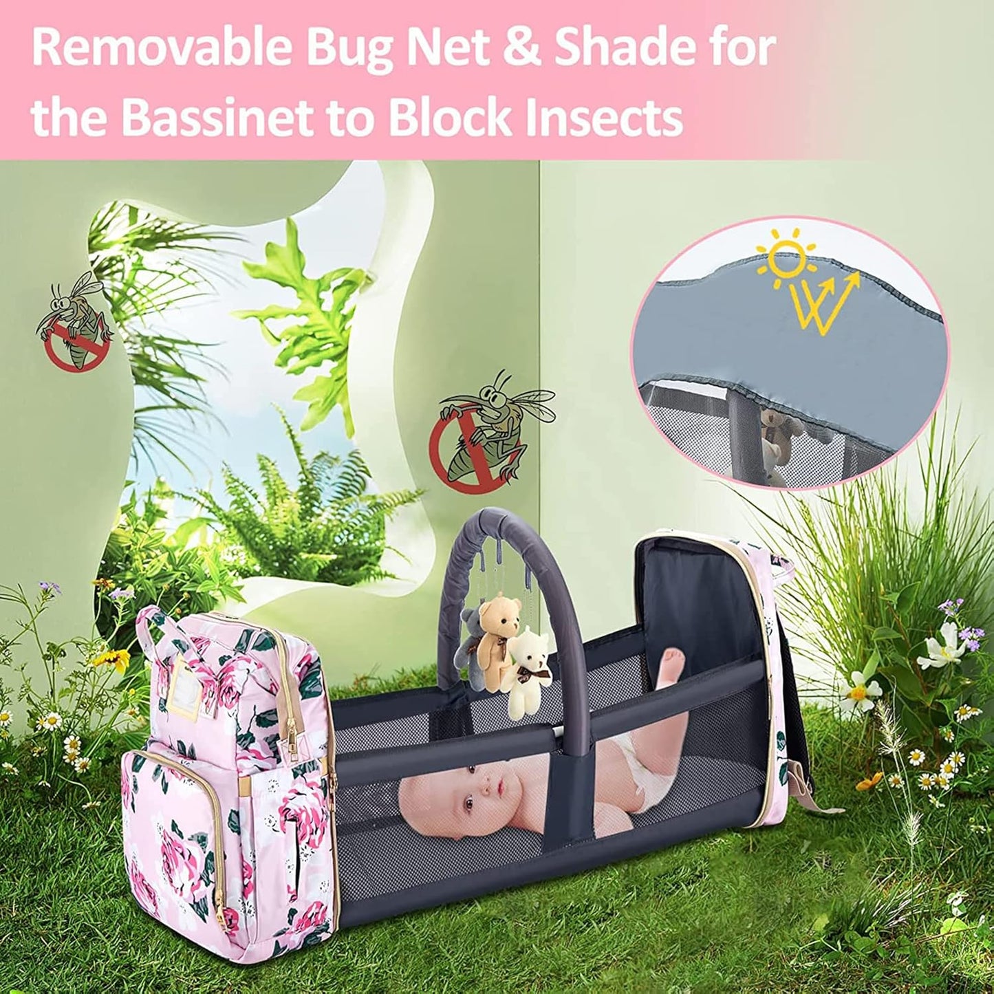 Diaper Bag Backpack with Changing Station, Foldable for Bady Toddler, 3 in 1 Large Capacity Newborn Essentials Organizer with Stroller Hook for Girls and Boys（Pink）