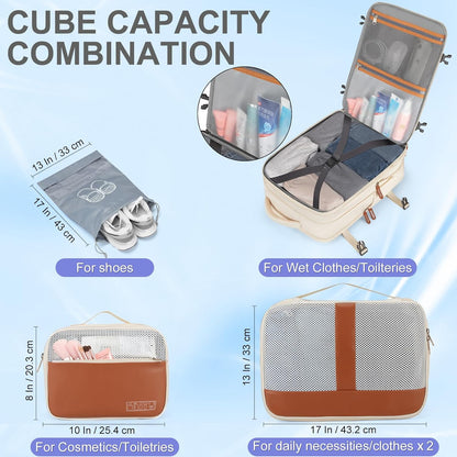 42L Travel Laptop Backpack, Expandable Carry-on Luggage, Anti-Theft Business Weekender Bag with USB Port, 3 Packing Cubes & Shoe Bag (Beige)