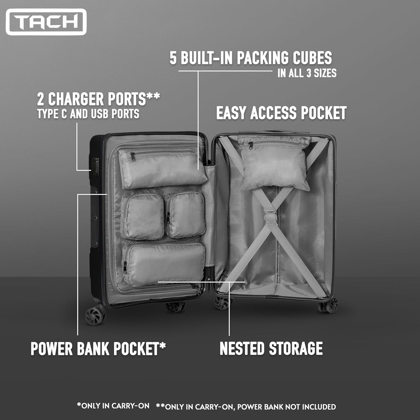 Tach V3.1 Hard Shell 2 Piece Luggage Set - 20 & 28 inch Luggage | Carry On & Large Checked Suitcases | Patented Built-In Connecting System | Rolling Suitcase Links 9 Bags (Black)