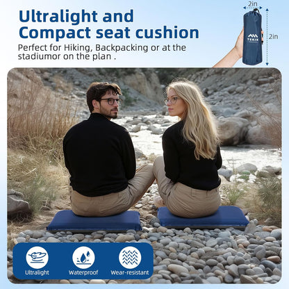 Inflatable Seat Cushion, Lightweight Self-Inflating Memory Foam Seat Cushion for Stadium Camping, Airplane Travel, Bleachers, Waterproof Portable Cushion Chair Pad with Carry Bag (Blue Grey)