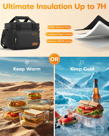 HOTOR Lunch Box for Men and Women - Leak-Proof Insulated Lunch Cooler Bag with Adjustable Strap, Multiple Pockets for Office, Picnic, Hiking, Beach, 1 Layer, 18L, Black, 13.4" x 9.1" x 10.0"