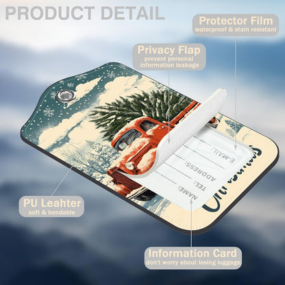 Vintage Red Truck wtih Christmas Tree Set of 2 Luggage Tags for Suitcases Leather Suitcase Tags with Privacy Name Address Label and Stainless Steel Loop for Women Men Travel Luggage Accessories