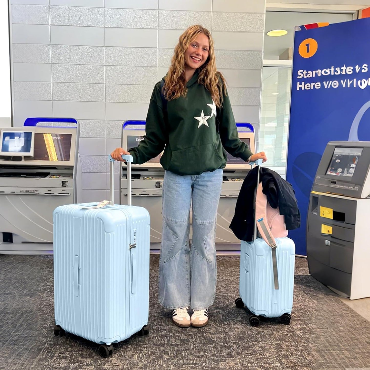 Krute Luggage with Spinner Double Wheels Suitcases with USB Port and Cup Holder TSA Lock PC+ABS Hardside Checked Luggage 28 Inch (LightBlue)