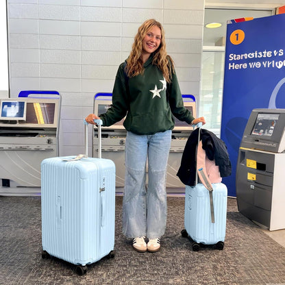 Krute Luggage with Spinner Double Wheels Suitcases with USB Port and Cup Holder TSA Lock PC+ABS Hardside Checked Luggage 28 Inch (LightBlue)