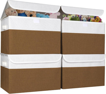 Large 22 Quart Linen Fabric Foldable Storage Bin Cube Organizer Basket with Flip-Top Lid & Handles, Clothes Blanket Box for Home, Office, Closet, Brown & White, 4 Pack 14.6 x 9.5 x 9.5