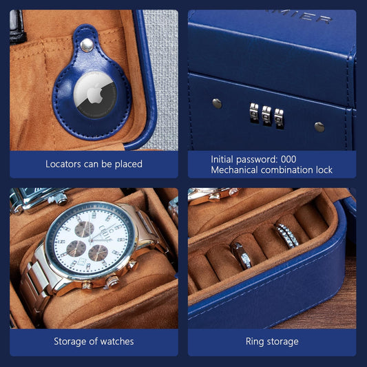 KAMIER Watch Case with Combination Lock - 4 Watch Storage and Jewelry Organizer - Watch Travel Case for Ring and Watch Storage, PU Leather Travel Watch Case, Ideal for Gift (With Gift Box),Blue