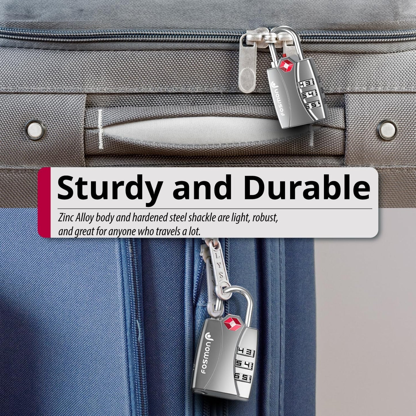 Fosmon TSA Approved Locks for Luggage. Suitcase Locks with Open Alert Indicator, 3 Digit Combination Padlock with Alloy Body for Travel, Backpack Zipper Anti Theft, Locker, Gym- Silver 2 Pack