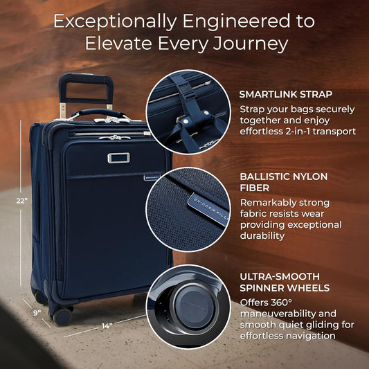 Briggs & Riley Essential 22" Carry On Expandable Spinner - Luggage for Travel, Suitcases with Wheels, Softside Rolling Bag for Men & Women, Self-Repairing Zipper - Baseline Collection, Navy
