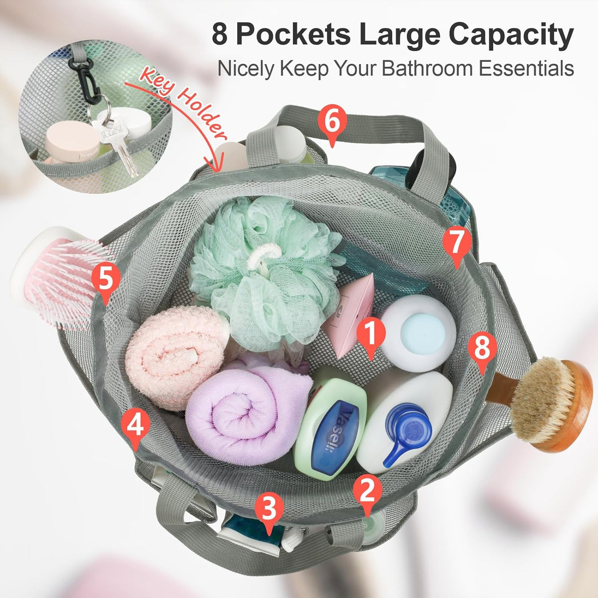F-color Mesh Shower Caddy Portable with Drawstring - Upgrade Deeper 7 Pockets Dorm Room Essentials for Guys Girls with S Hook, Shower Bag Basket Tote for College Camping Toiletry Bathroom, Grey