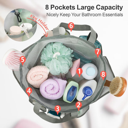 F-color Mesh Shower Caddy Portable with Drawstring - Upgrade Deeper 7 Pockets Dorm Room Essentials for Guys Girls with S Hook, Shower Bag Basket Tote for College Camping Toiletry Bathroom, Grey