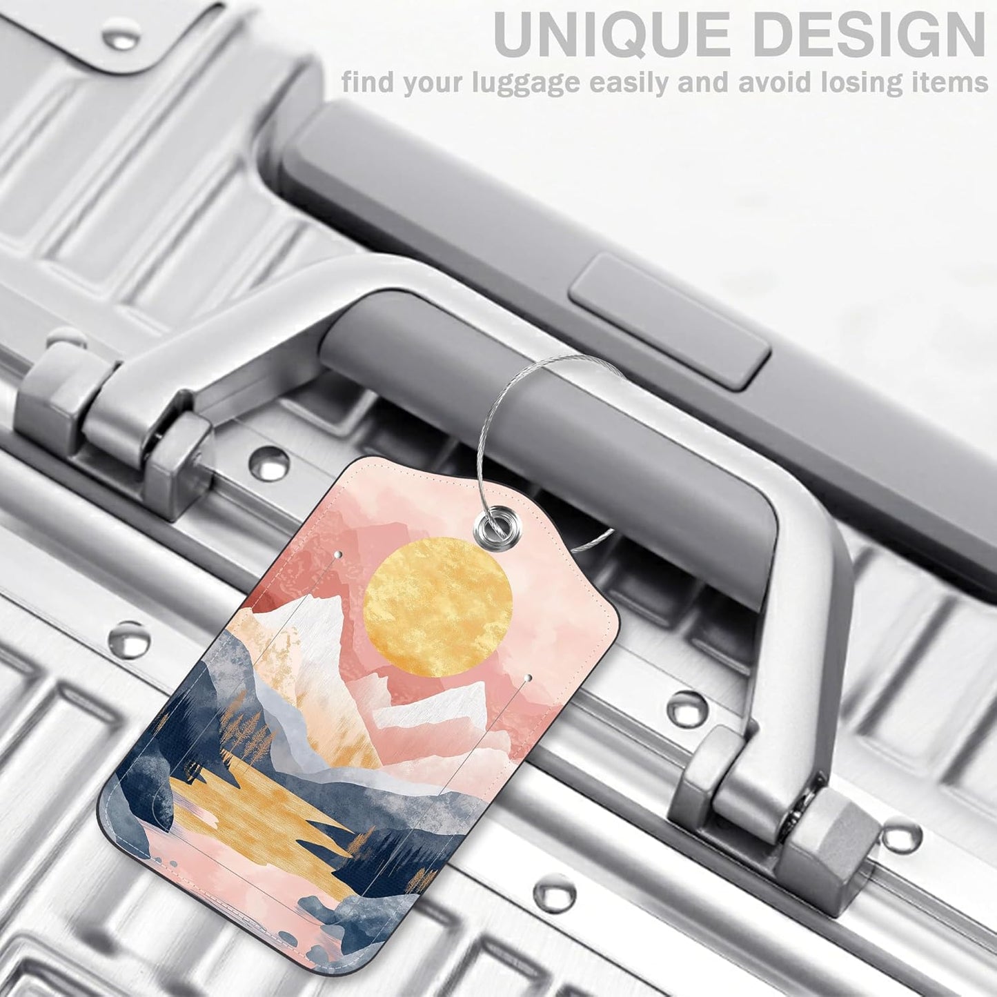 2 Pack Luggage Tags for Suitcases Abstract Pink Mountain Sun Landscape Leather Luggage Tags Privacy Cover ID Label with Stainless Steel Loop and Address Card for Women Men Travel Bag Backpack