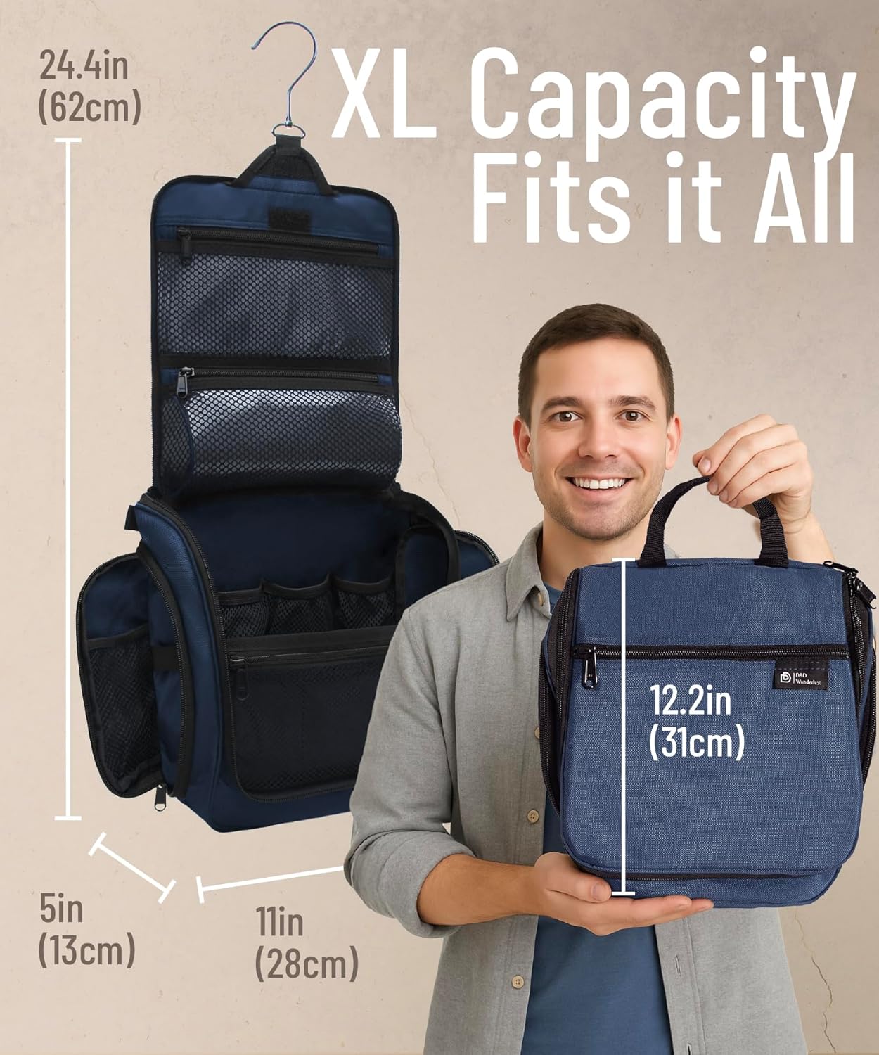 D&D Hanging Travel Toiletry Bag for Men and Women – Extra Large Hanging Shower Bag Toiletries Organizer Kit with 10 Compartments, Quality Zippers, XXL Metal Swivel Hook, Water-Resistant Nylon