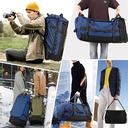 86L 30” Folding Duffle Backpack with 2 Wheels,Travel Bag with Separate Shoe Compartment,Navy Blue