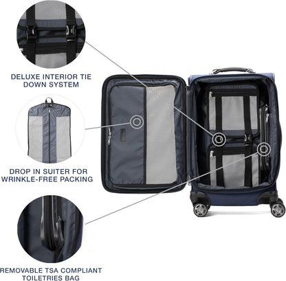 Travelpro Platinum Elite Softside Expandable Carry on Luggage, 8 Wheel Spinner Suitcase, USB Port, Suiter, Men and Women, Dark Blue, Carry On 21-Inch