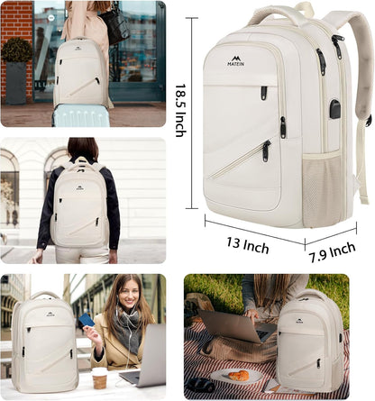 MATEIN 17 Inch Laptop Bookbag for Women, College School Backpack Large Capacity with USB Port & Luggage Strap, Water Resistant Padded Computer Backpack TSA Approved for Nurse Work Travel, Beige