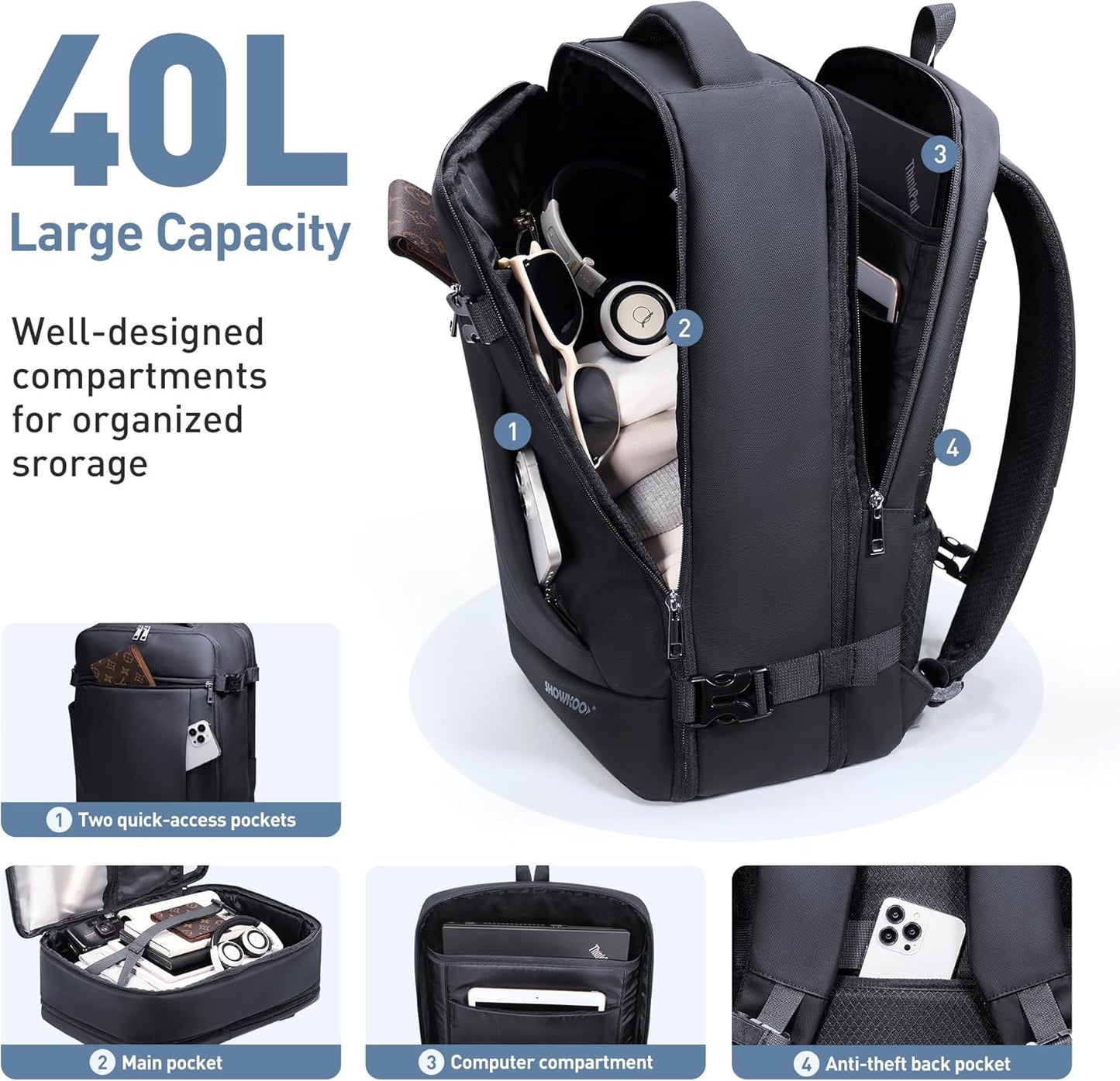 SHOWKOO Travel Backpack For Man Women, Airline Approved Carry On Laptop Backpack For Business, 40L Expandable Large Capacity Backpack, Black