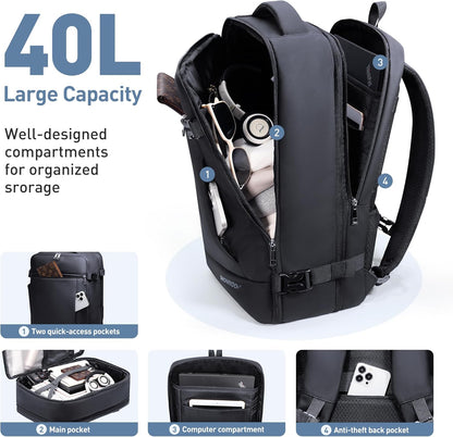 SHOWKOO Travel Backpack For Man Women, Airline Approved Carry On Laptop Backpack For Business, 40L Expandable Large Capacity Backpack, Black