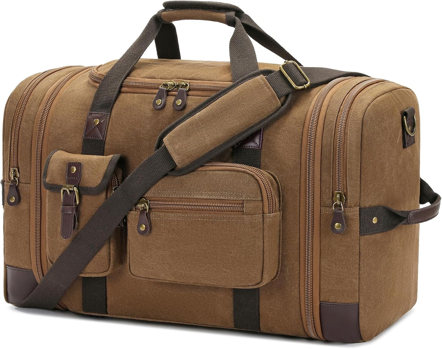 Travel Duffle Bag for Men, Heavy Duty Canvas Duffle Bag, Carryon Bags for Airplanes, Expandable Vintage Leather Overnight Luggage Weekender Bag, Waterproof Anti-tear Canvas Bag
